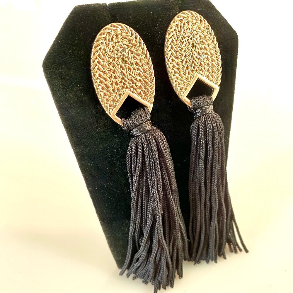 Goldtone Oval Earrings With Black Tassels - Picture 2 of 3